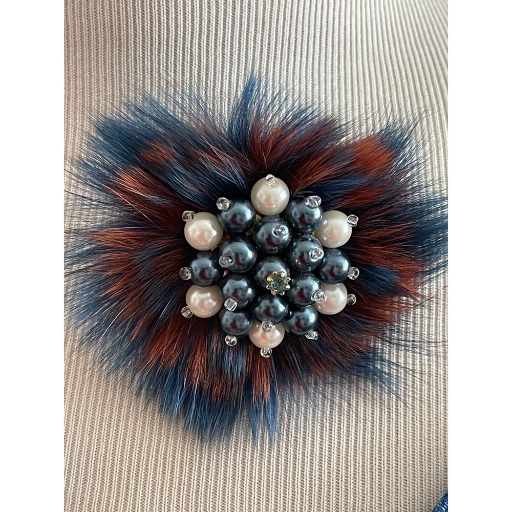 Vintage Pearl & Feather Brooch Unique Handmade Blue/Brown Crystal Pin Clip 3.5"